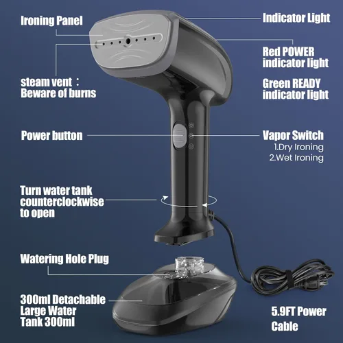 Vista 6 de Vaporizador de tela portátil potente - 1800W con placa de calentamiento rápido de cerámica, planchado y removedor de arrugas 2 en 1, boquilla