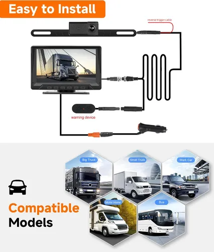 Vista 6 de Sistema de cámara de respaldo con cable de 7 pulgadas con rango de radar, visión nocturna IR de 1080P, impermeable IP68, súper gran angular, líneas