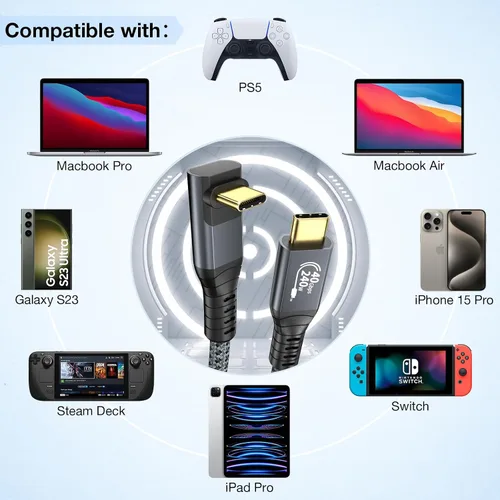 Vista 8 de Cable USB4 certificado para cable Thunderbolt 4, cable de transferencia de datos USB C en ángulo descendente de 40 Gbps, video de 90 grados 8K a