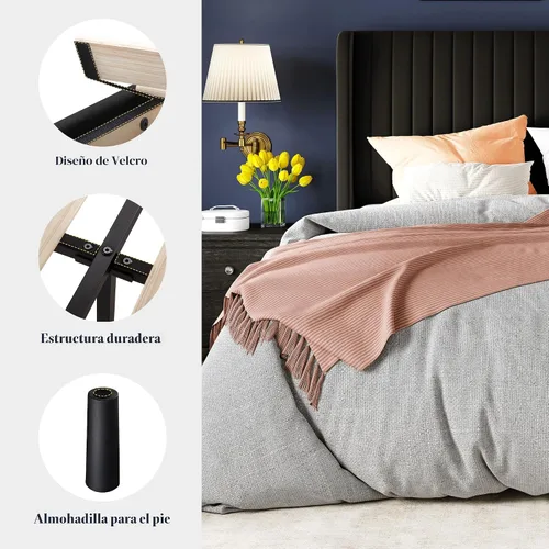Vista 8 de Allewie - Base de cama tamaño Full con cabecera tapizada en terciopelo y diseño acanalado vertical; plataforma de cama tapizada; listones de madera