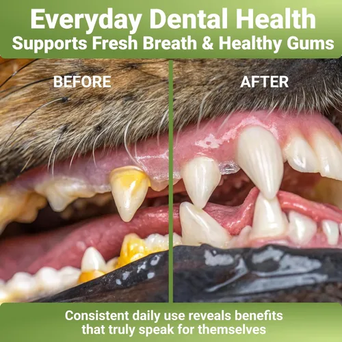 Vista 4 de Polvo de limpieza de dientes de perro con probióticos Removedor de placa y sarro, cuidado eficaz de los dientes e higiene bucal, aliento fresco