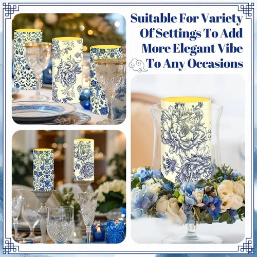Vista 4 de Tiamon 4 piezas de velas de pilar sin llama estilo Chinoiserie LED, juego de velas de porcelana azul y blanca, operadas por batería, luz cálida