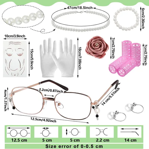 Vista 2 de Yingzhao 20 Pcs Halloween Old Lady Costume Grandma Granny Wig Dress Wrinkle Tattoos Wig with Rollers Cane Glasses Chain Cord Necklace