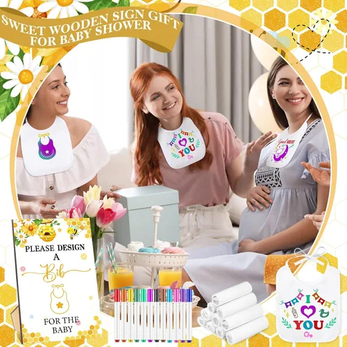Vista 5 de Panitay Kit de decoración de 100 baberos para bebé, 50 baberos blancos, 25 plantillas, 24 marcadores de tela, 1 letrero de juego para baby shower