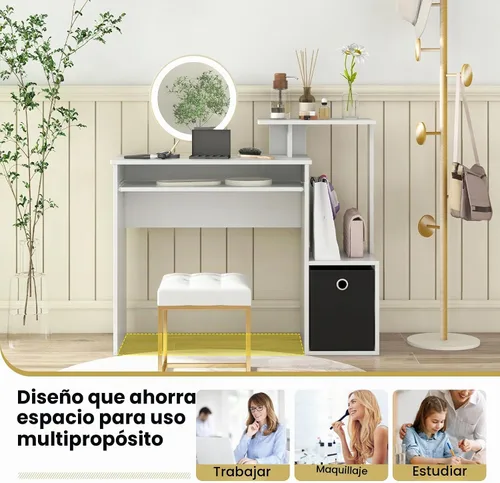 Vista 8 de Tangkula Escritorio para computadora con cajón de tela y bandeja para teclado, escritorio de estudio que ahorra espacio con estantes
