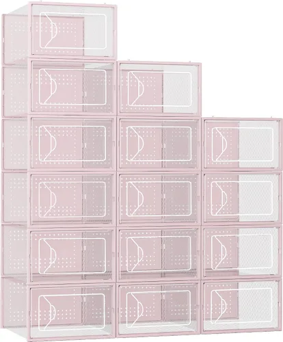 Vista 10 de Foluck Caja de almacenamiento de zapatos, paquete de 15 organizadores de zapatos apilables de plástico transparente para armario, diseño entrelazado