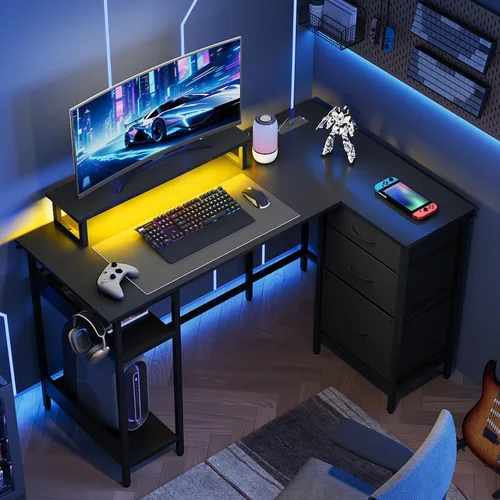 Vista 2 de DEVAISE Escritorio para juegos en forma de L de 48 pulgadas con cajones y almacenamiento, escritorio de esquina con luces LED, tomas de corriente