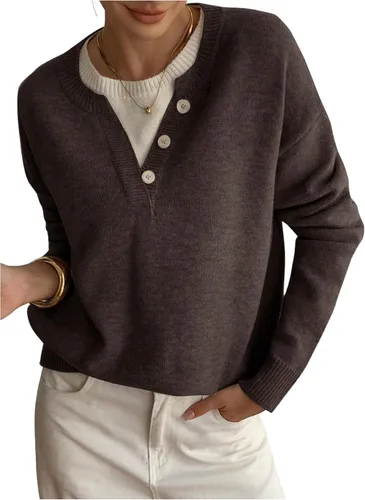 Vista 10 de SOLY HUX Suéteres Pullover para Mujer de Manga Larga con Botones Cuello Redondo 2 en 1 Tops de Punto Holgados Albaricoque puro