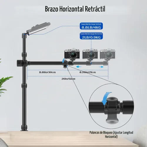 Vista 4 de Ailight Soporte de Montaje de Cámara Aérea para Escritorio, Soporte de Cámara Web de 15.75"-33.45" con Brazo Telescópico Ajustable de 2 Secciones