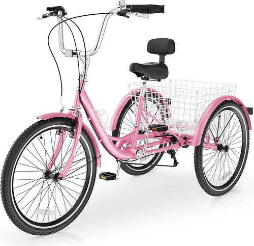 Vista 20 de Slsy Triciclo para adultos de 7 velocidades, 20/24/26 pulgadas, bicicleta de 3 ruedas para adultos con cesta de compras grande, capacidad de 350