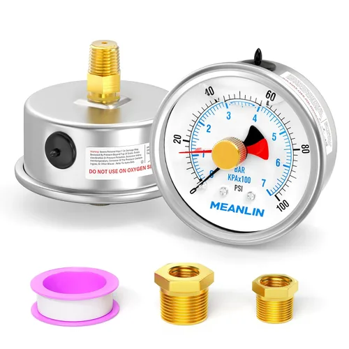 Vista 13 de MEANLIN MEASURE Manómetro de Presión de Acero Inoxidable 0~10 Psi 1/4" NPT Carátula de 2.5" con Puntero de Reinicio Relleno de Líquido WOG Agua
