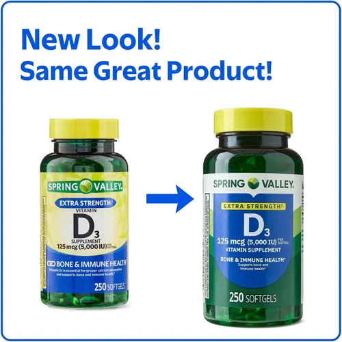 Vista 2 de Spring Valley Vitamina D3 5000 UI, suplemento de alta potencia para la salud ósea e inmunológica, 250 cápsulas blandas