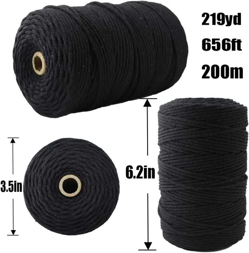 Vista 3 de Cuerda de macramé de 0.118 in x 219 yardas (aproximadamente 656.2 ft, 656 pies), cuerda de algodón de color negro, 4 hebras, cuerda de algodón suave
