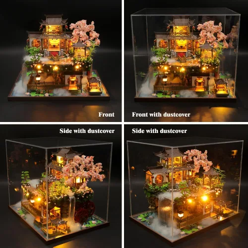 Vista 6 de Yuzhen Casa de muñecas en miniatura con muebles y luces LED, casa de muñecas grande de madera de estilo antiguo incluye cubierta de polvo