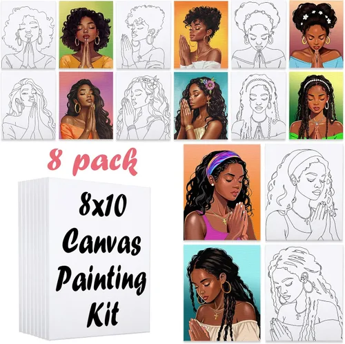 Vista 11 de Paquete de 8 lienzos predibujados para pintar para adultos, suministros para fiestas de pintar y beber, juego de pintura en lienzo para artistas