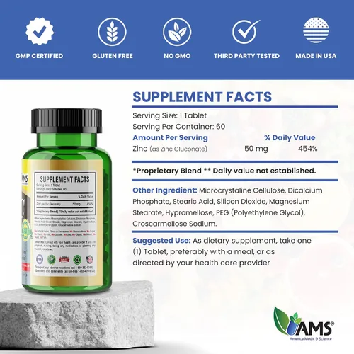 Vista 5 de America Medic & Science Suplementos de zinc quelatado de 50 mg (1 paquete de 60 tabletas) refuerzo inmunológico y potentes píldoras antioxidantes