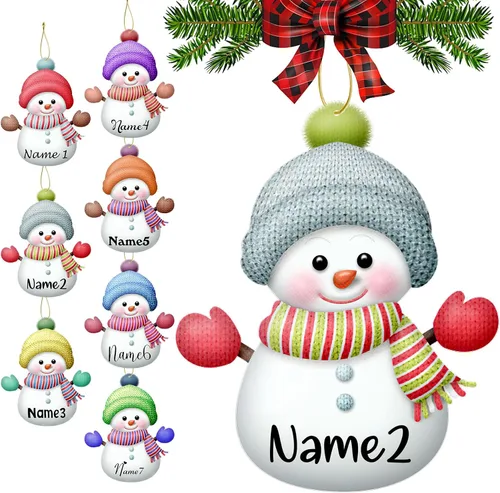 Vista 15 de Adornos de Navidad personalizados con nombres, muñeco de nieve, 8 piezas, adorno familiar personalizado, decoración colgante de madera para árbol