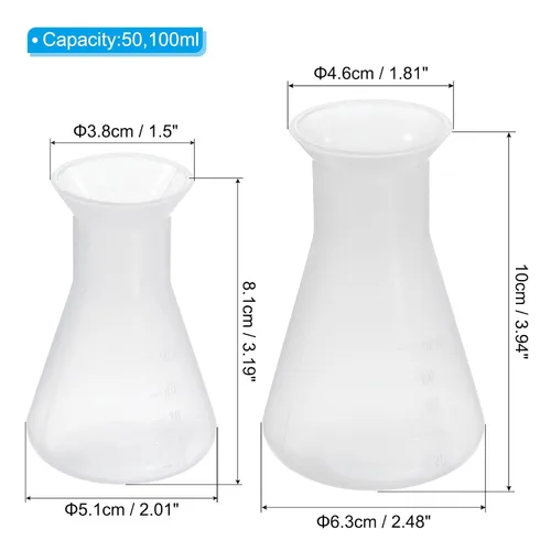 Vista 2 de PATIKIL Frasco Erlenmeyer de plástico de 1.7 fl oz, paquete de 2 frascos cónicos de boca ancha para laboratorio, transparente