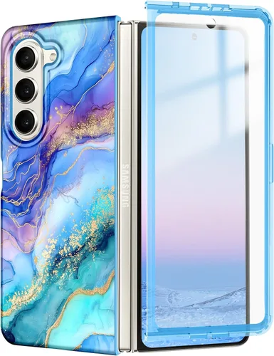 Vista 26 de Btscase Funda para Samsung Galaxy Z Fold 5, protector de pantalla frontal integrado, patrón de mármol dorado con purpurina de policarbonato duro