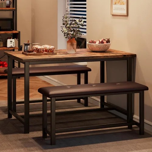 Vista 9 de GarveeHome Juego de mesa de comedor para 4, mesa de cocina con 2 bancos tapizados, juego de comedor de cocina de madera, para espacios pequeños