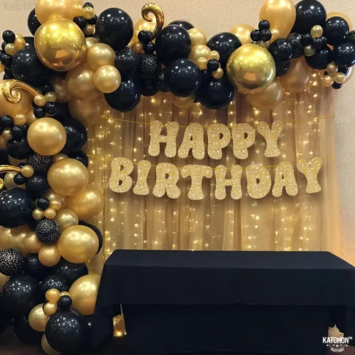 Vista 5 de KatchOn, Cartel de feliz cumpleaños dorado con purpurina – Pre-encordado, 10 pies Cartel dorado de feliz cumpleaños para niñas y niños Cartel