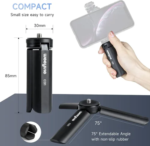 Vista 5 de Mini trípode de 1/4, soporte de escritorio de sobremesa, trípode compacto con tornillo de 1/4 pulgadas para luz weeylite K21, luz fotográfica