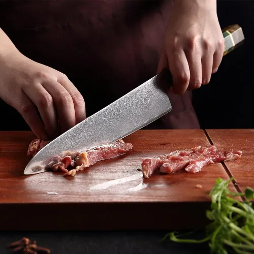 Vista 7 de ZZYY - Juego de 9 cuchillos japoneses de acero de Damasco con mango de madera solidificada, cuchillos Nakiri, cuchillo de chef Santoku, cuchillo