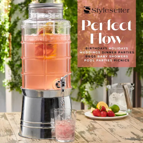Vista 7 de Style Setter - Dispensador de bebidas Patchwork. Dispensador de bebidas frías de alta calidad con jarra de vidrio de capacidad de 2.4 galones