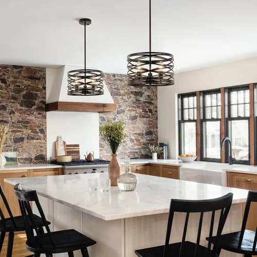 Vista 3 de Candelabros de granja para comedor, iluminación colgante de 3 luces para isla de cocina, tambor negro, lámpara rústica para colgar en el techo