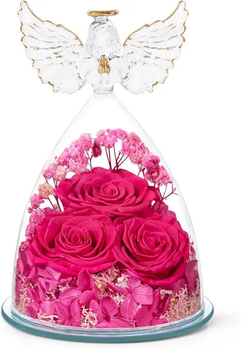 Vista 10 de Regalos de rosas preservadas para mujeres, flores frescas eternas en cristal con figuras de ángel para entrega, rosas moradas para abuela, mamá