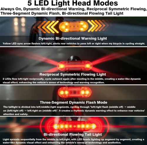 Vista 8 de Luces traseras inteligentes para bicicleta con luz de giro impermeable IP65 luz para bicicleta recargable USB ultra brillante advertencia