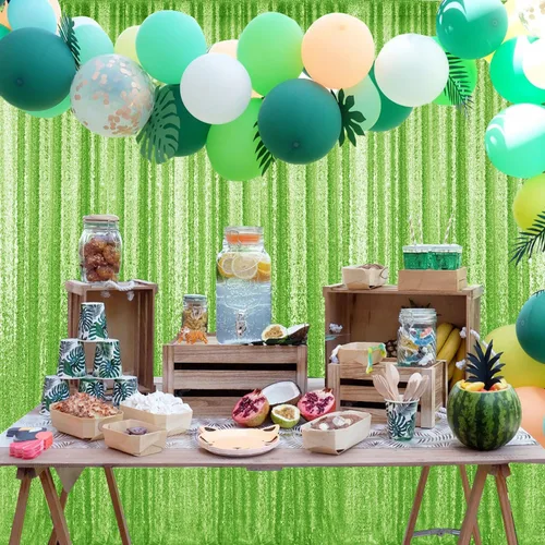 Vista 2 de 2 paneles de cortinas de fondo de lentejuelas verdes de 8 pies, cortinas de fondo de fotografía con purpurina para decoración de Navidad, boda