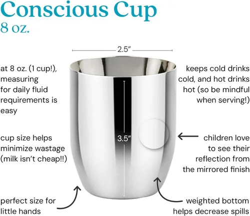 Vista 2 de Ahimsa - Taza de acero inoxidable para niños, diseñada por pediatras, tazas para niños pequeños con pulido premium para el entrenamiento con taza