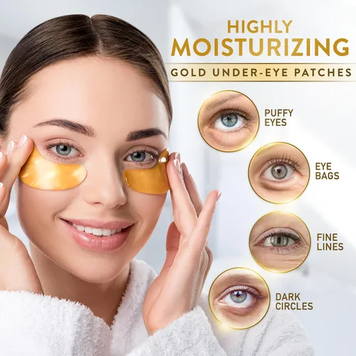 Vista 2 de PatchRx - Parches dorados para debajo de los ojos (144 parches) para ojos hinchados y ojeras con colágeno puro, máscaras de gel para ojos de 24