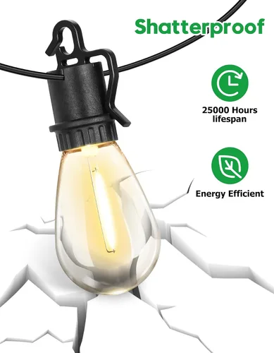 Vista 2 de Guirnalda de luces para exteriores de 100 pies con 35 ofertas de patio inastillables S14 bombillas Edison vintage E12, luces regulables de 2700 K