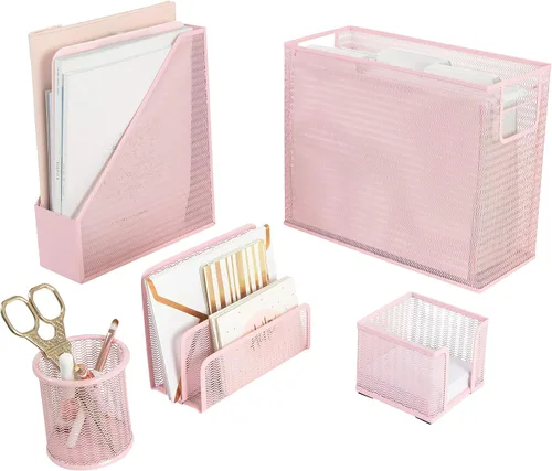 Vista 10 de Blu Monaco Aqua - Juego de organizador de escritorio de 5 piezas Juego de suministros de oficina de metal con organizador de archivos colgante