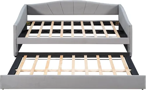 Vista 5 de Sofá cama nido con cama nido, tamaño individual, tapizada, de tela, marco de tablillas, soporte para dormitorio, sala de estar, no necesita caja