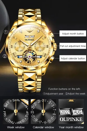 Vista 5 de OUPINKE Gold Men Automatic Mechanical Wrist Watches Luxury Dress Tungsten Steel Luminous Waterproof Sapphire Diamond Calendar Best Gifts Men