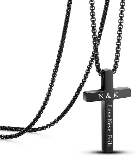 Vista 3 de Jovivi Collar de cruz personalizado para hombres y mujeres, grabado de acero inoxidable, placa de perro lisa, colgante de cruz de 24 pulgadas