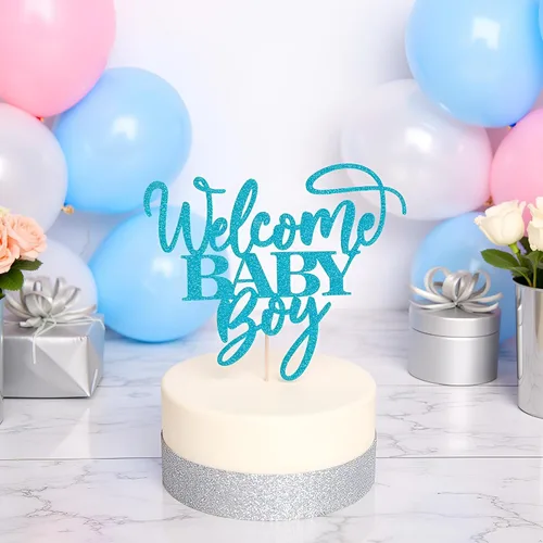 Vista 3 de Kaoenla Decoración para pastel de bienvenida de bebé niño con purpurina azul, decoración de fiesta de revelación de género para recién nacidos