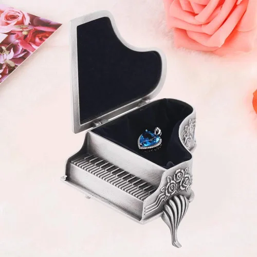 Vista 7 de Joyero de aleación de zinc tallado en forma de piano, con diseño de flor de rosa, organizador de almacenamiento de joyas, organizador