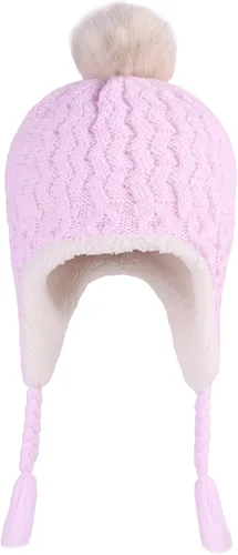 Vista 2 de Gorro de punto con solapa para las orejas para bebé, de piel sintética, con pompón, para invierno, cálido, forro polar