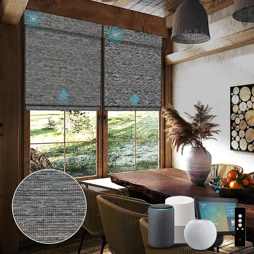 Vista 24 de SmartWings Persianas motorizadas de madera natural tejida para ventanas, persianas romanas eléctricas con control remoto para puertas correderas