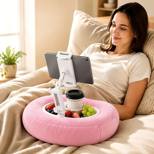 Vista 9 de Soporte de almohada para tableta para cama y sofá, soporte manos libres para Kindle y iPad con brazo ajustable de 360°, almohada de regazo suave