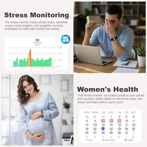 Vista 5 de Pulseras inteligentes para mujeres y hombres, rastreadores de actividad de salud con más de 120 modos deportivos, frecuencia cardíaca 24/7