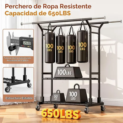 Vista 7 de Luxspire - Percheros de doble barra para colgar ropa, carga de 650 libras, color negro Zinc-iron alloy frame, 2-tier sturdy shelves, lockable