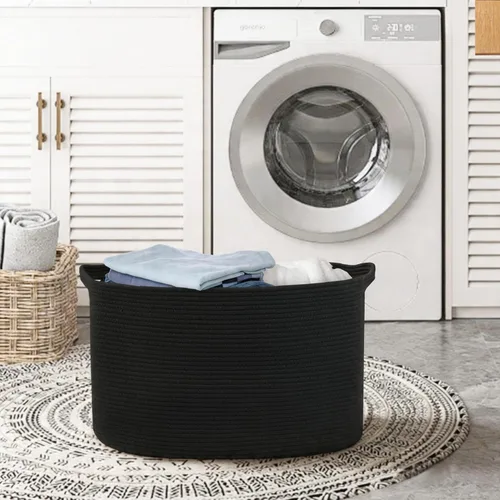 Vista 8 de MEGASKET Cesta extra grande para mantas, 23.6 x 17 x 12 pulgadas, almacenamiento de manta negra para sala de estar, soporte de almohada de cuerda
