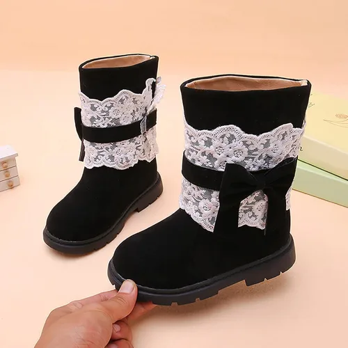 Vista 5 de Baby Girls Snow Boots Kids Booties Non-Slip Princess Shoes Toddler Winter Warm Prewalker Lace Bow Shoes Fleece Footwear