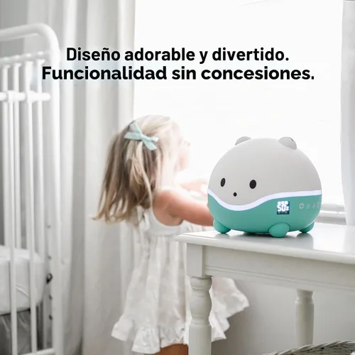 Vista 6 de LittleHippo WISPI Humidificador 3 en 1, Difusor y Luz Nocturna para Bebé/Niños - 3 Intensidades de Neblina, 7 Luces LED Cambiantes de Color, Bandeja