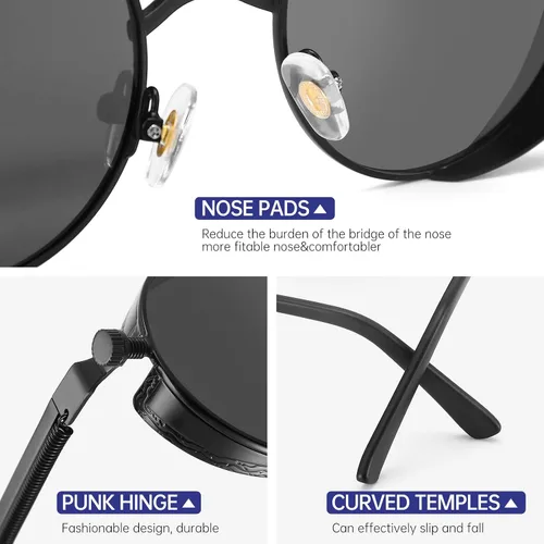 Vista 4 de Gafas de sol polarizadas Steampunk para hombres, estilo gótico redondo, marco circular de metal